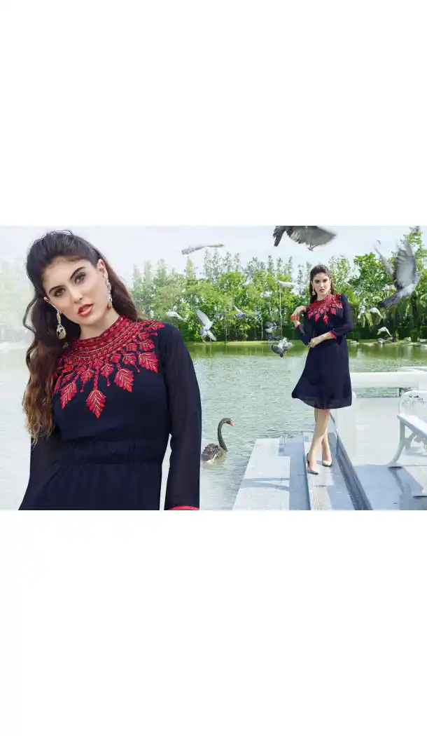 Navy Blue Color Georgette A-line Indo Western Style Tunic Top | FH545081727