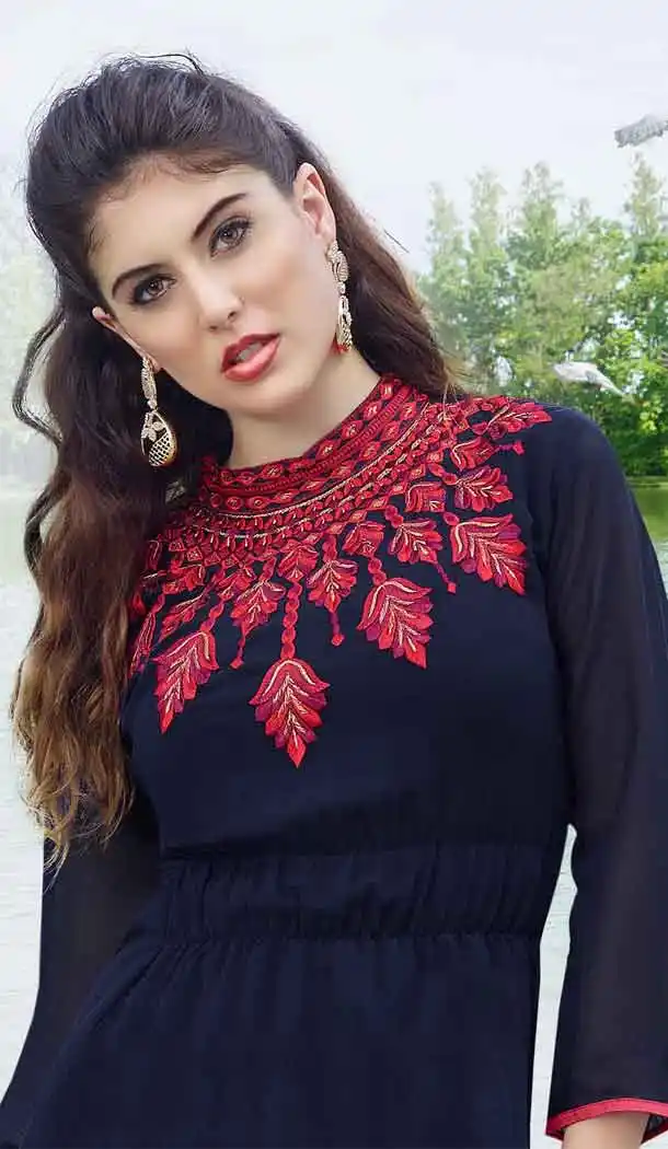 Navy Blue Color Georgette A-line Indo Western Style Tunic Top | FH545081727