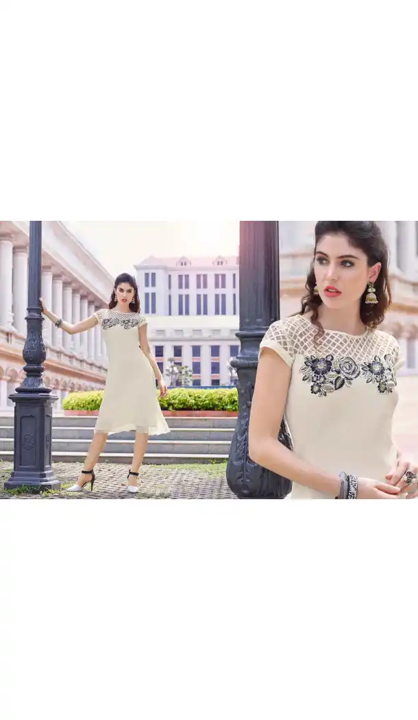 Off White Color Georgette A-line Indo Western Style Tunic Top | FH545081733