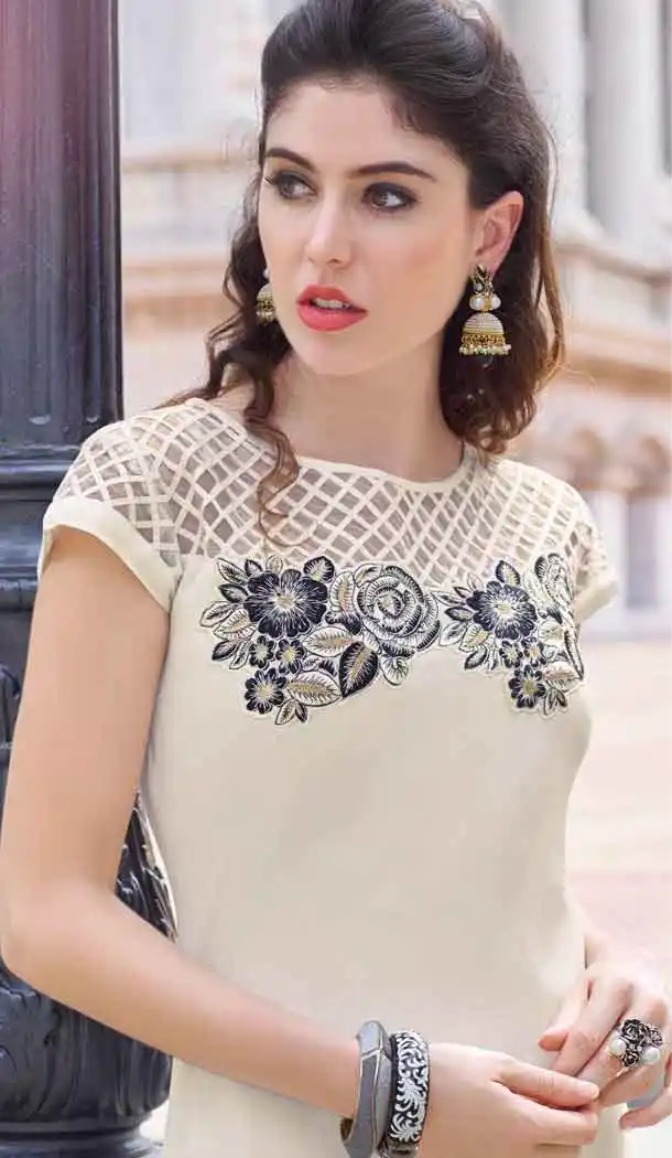 Off White Color Georgette A-line Indo Western Style Tunic Top | FH545081733