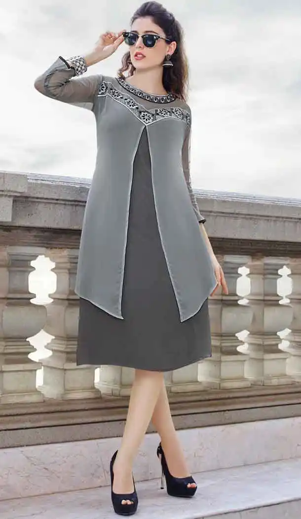 Slate Grey Color Georgette A-line Indo Western Style Tunic Top | FH545081735