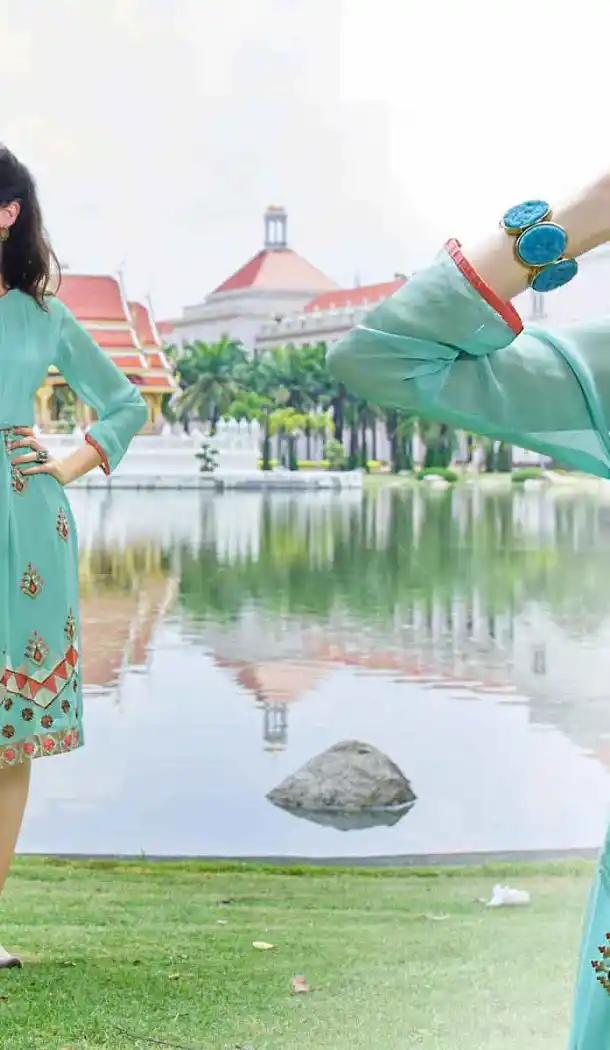 Turquoise Color Georgette A-line Indo Western Style Tunic Top | FH545081738