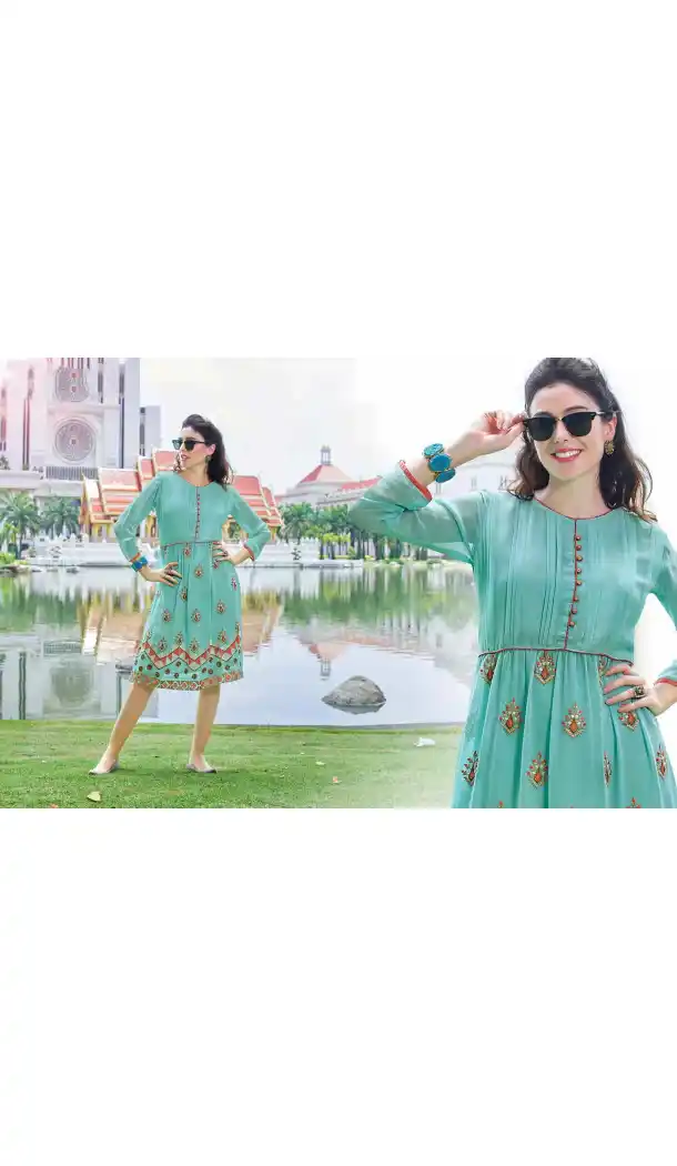 Turquoise Color Georgette A-line Indo Western Style Tunic Top | FH545081738