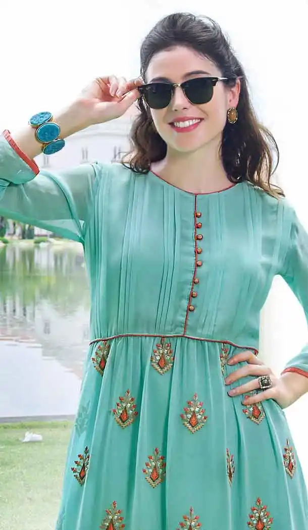 Turquoise Color Georgette A-line Indo Western Style Tunic Top | FH545081738