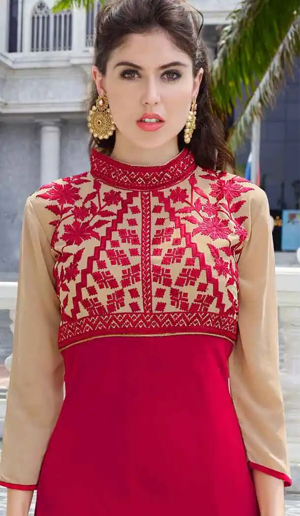 Crimson Color Georgette A-line Indo Western Style Tunic Top | FH545081739