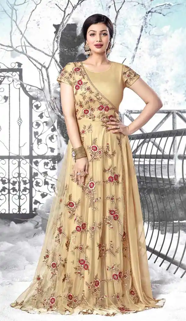 Bollywood Actress Ayesha Takia Long Anarkali Style Salwar Kameez in Beige | FH545181741