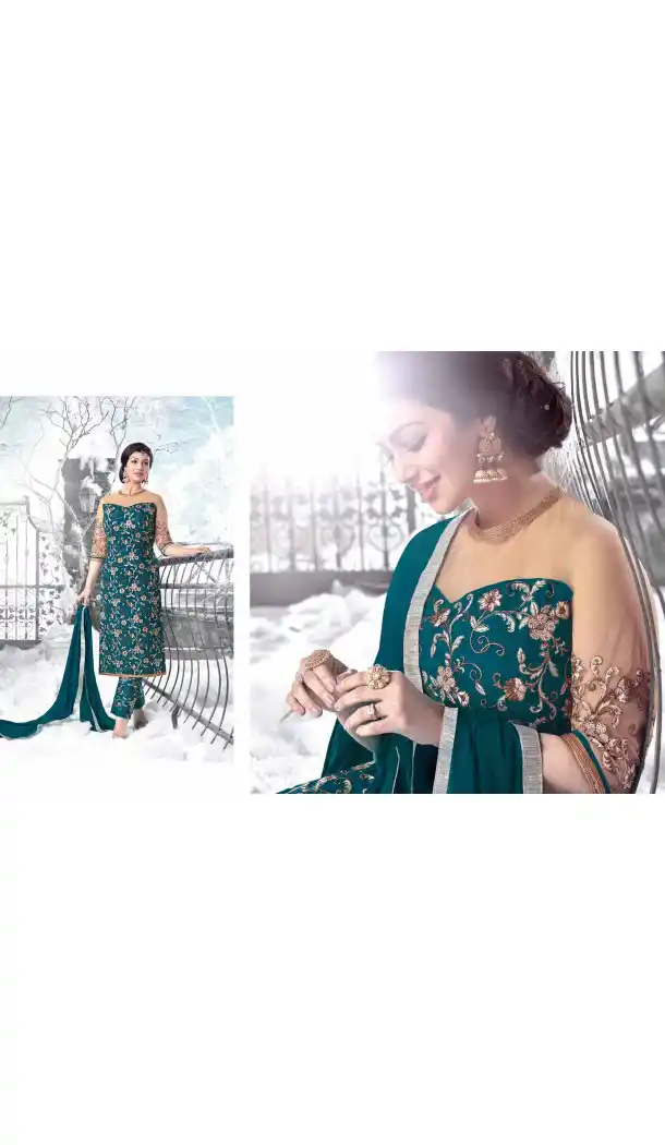 Bollywood Actress Ayesha Takia Long Anarkali Style Salwar Kameez in Cadet Blue | FH545181742
