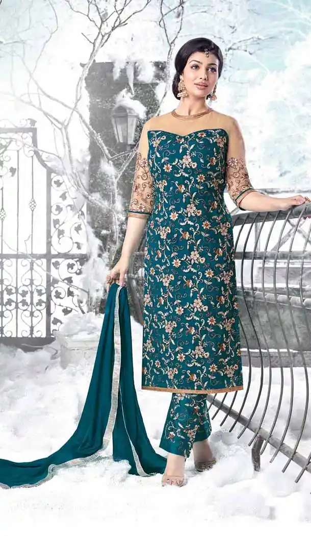 Bollywood Actress Ayesha Takia Long Anarkali Style Salwar Kameez in Cadet Blue | FH545181742