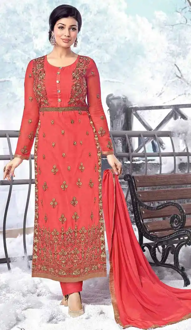 Bollywood Actress Ayesha Takia Straight Cut Style Salwar Kameez in Crimson | FH545181743
