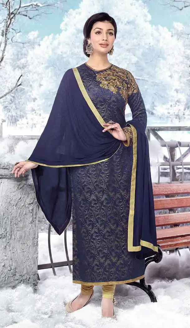 Bollywood Actress Ayesha Takia Straight Cut Style Salwar Kameez in Navy Blue | FH545181744