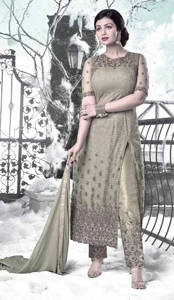 Bollywood Actress Ayesha Takia Achkan Style Salwar Kameez in Dove | FH545181745