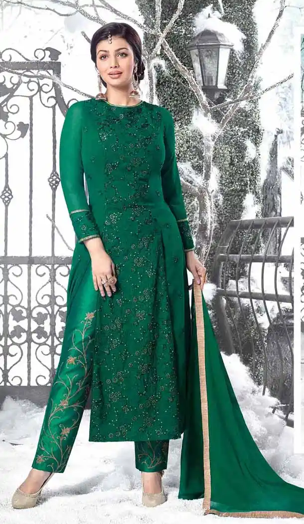 Bollywood Actress Ayesha Takia Achkan Style Salwar Kameez in Bottle Green | FH545181747