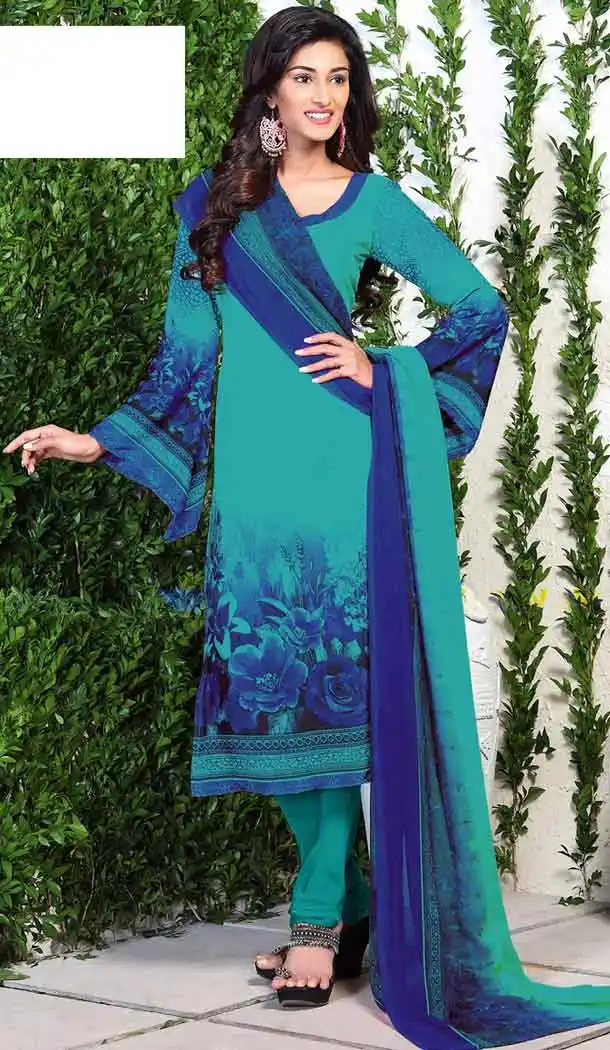 Geometric Print Crepe Silk Greenish Blue Color Straight Cut Casual Churidar Dresses | FH546081839