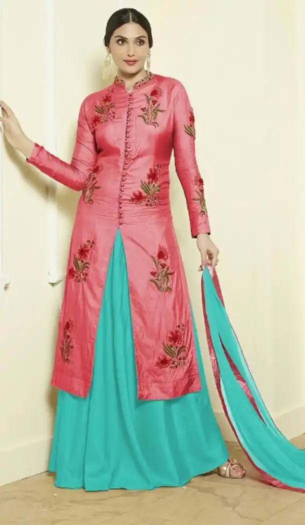 Salmon Color Cotton Achkan Style Lehenga Suit | FH546181841
