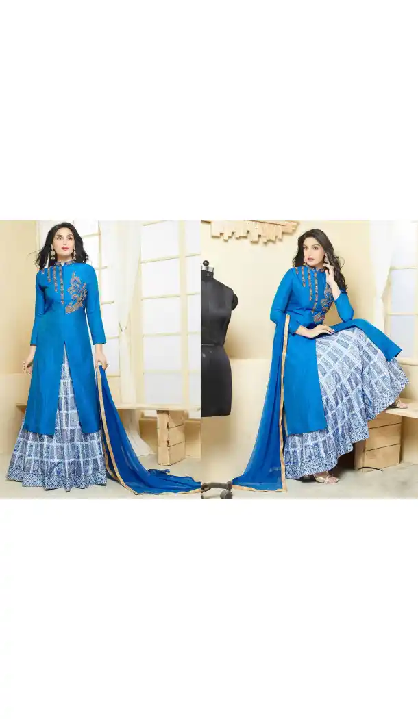 Azure Blue Color Silk Achkan Style Lehenga Suit | FH546181842
