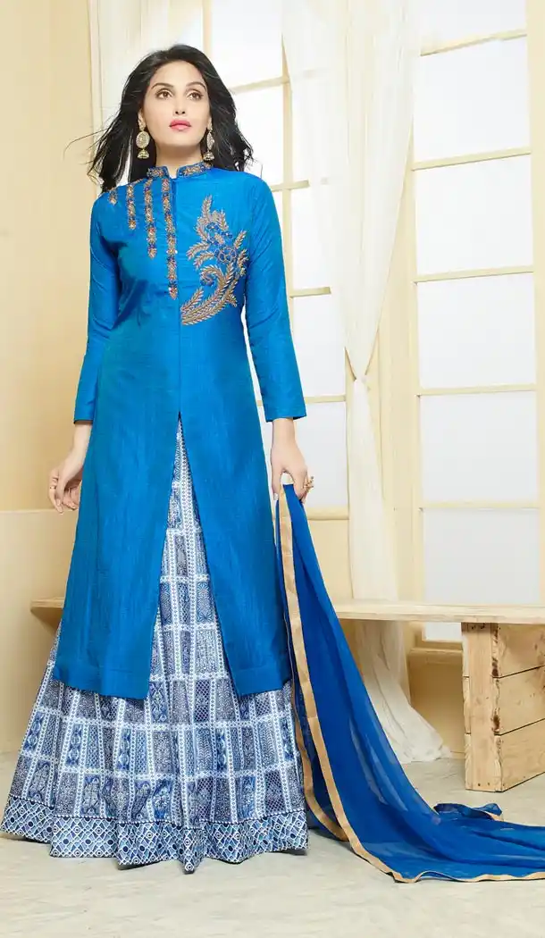 Azure Blue Color Silk Achkan Style Lehenga Suit | FH546181842