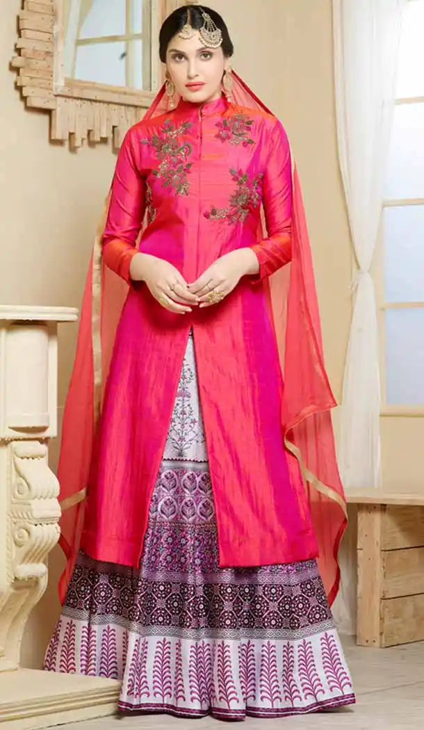 Deep Pink Color Silk Achkan Style Evening Wear Lehenga Suit | FH546181843