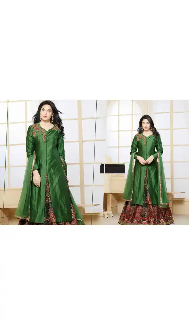 Chrome Green Color Silk Achkan Style Evening Wear Lehenga Suit | FH546181844