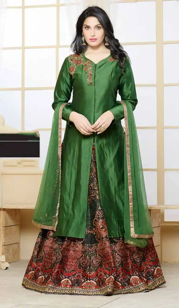 Chrome Green Color Silk Achkan Style Evening Wear Lehenga Suit | FH546181844