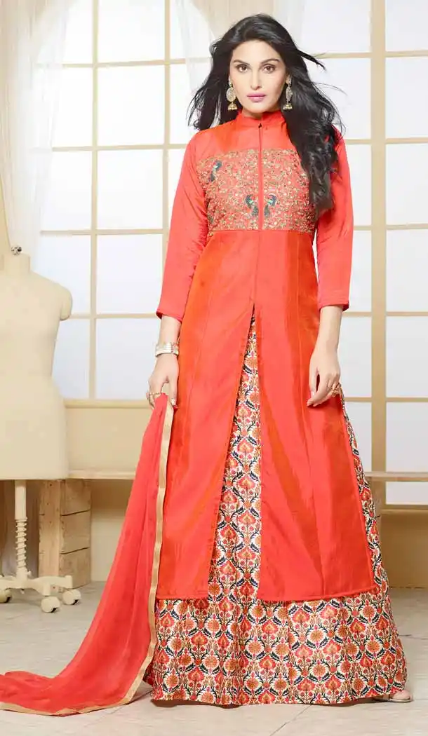 Orange Color Silk Achkan Style Evening Wear Lehenga Suit | FH546181845