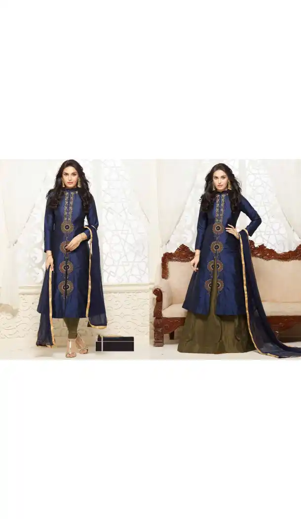 Navy Blue Color Cotton Achkan Style Evening Wear Churidar Suit | FH546181846