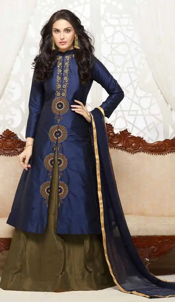 Navy Blue Color Cotton Achkan Style Evening Wear Churidar Suit | FH546181846