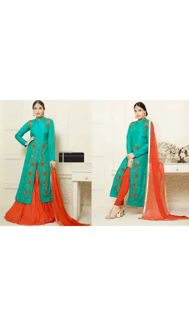 Turquoise Color Cotton Achkan Style Evening Wear Lehenga Suit | FH546181847
