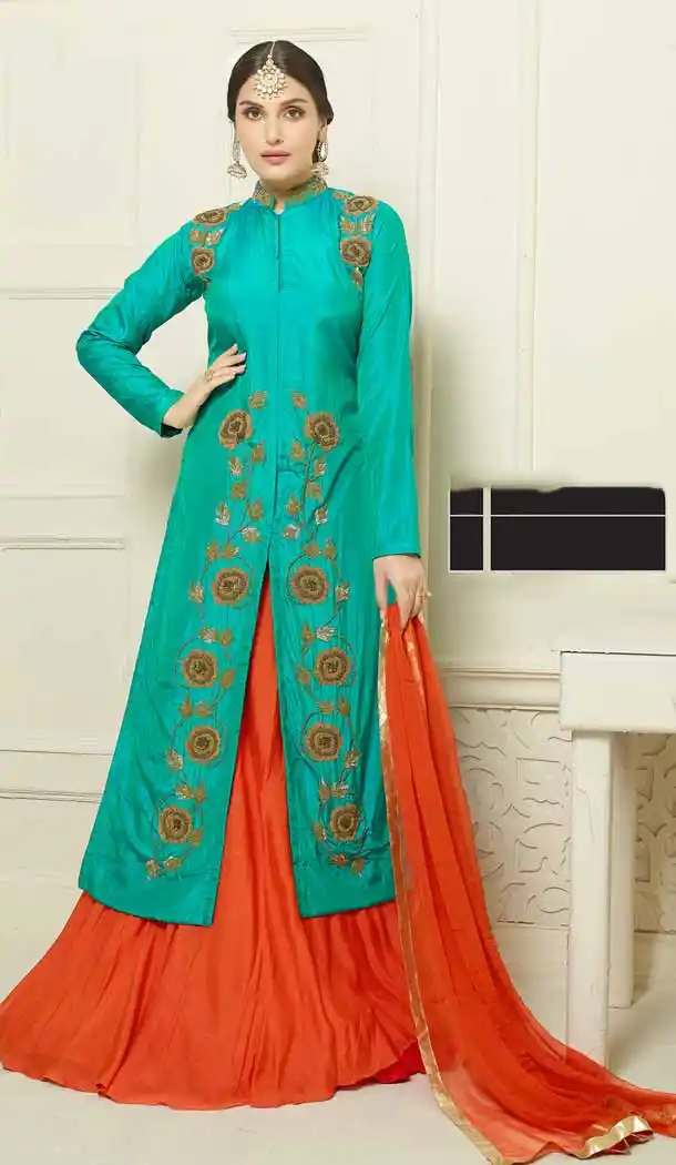 Turquoise Color Cotton Achkan Style Evening Wear Lehenga Suit | FH546181847