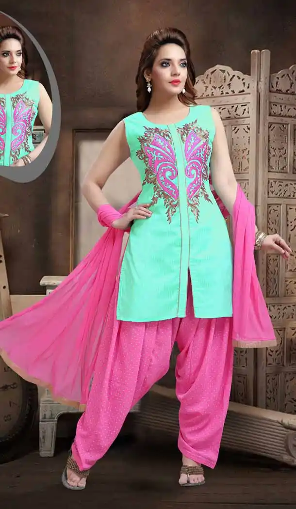 Punjabi Patiala Readymade Party Wear Dresses in Art Silk and Turquoise Color | FH546281851