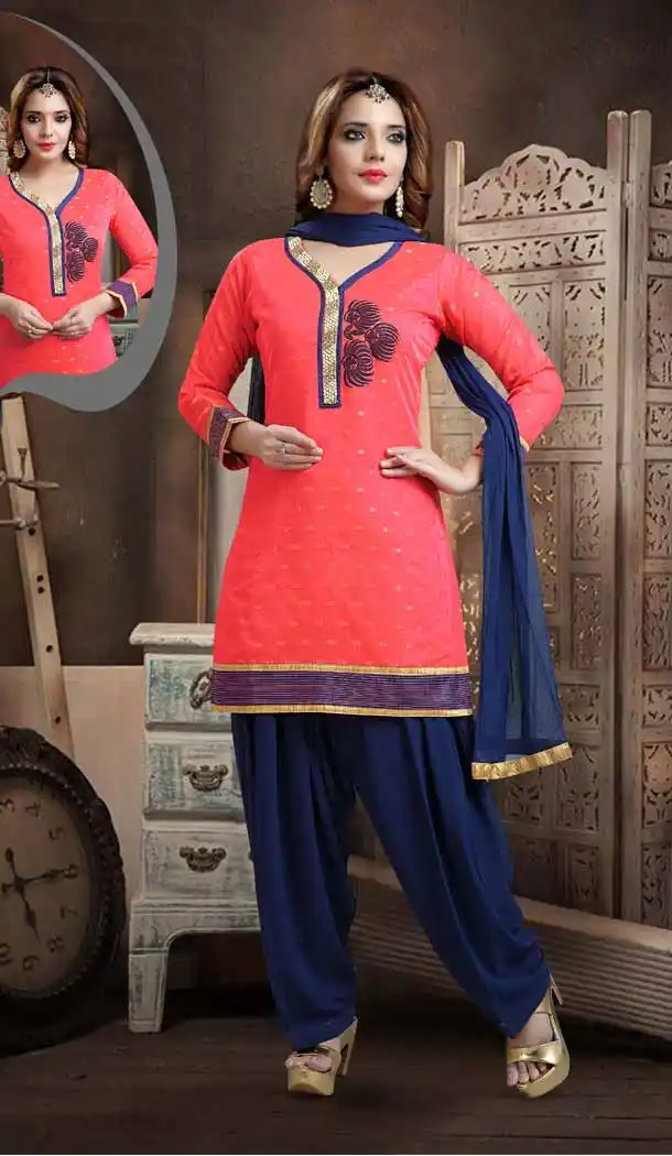 Punjabi Patiala Readymade Party Wear Dresses in Art Silk and Salmon Color | FH546281855