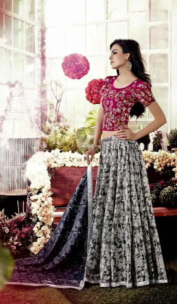 Grey Color Chanderi Silk Circular Style Party Wear Lehenga Choli | FH548382138