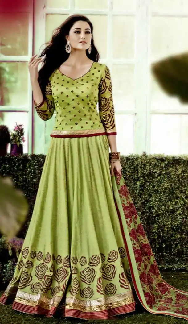 Parrot Green Color Chanderi Silk Circular Style Party Wear Lehenga Choli | FH548382141