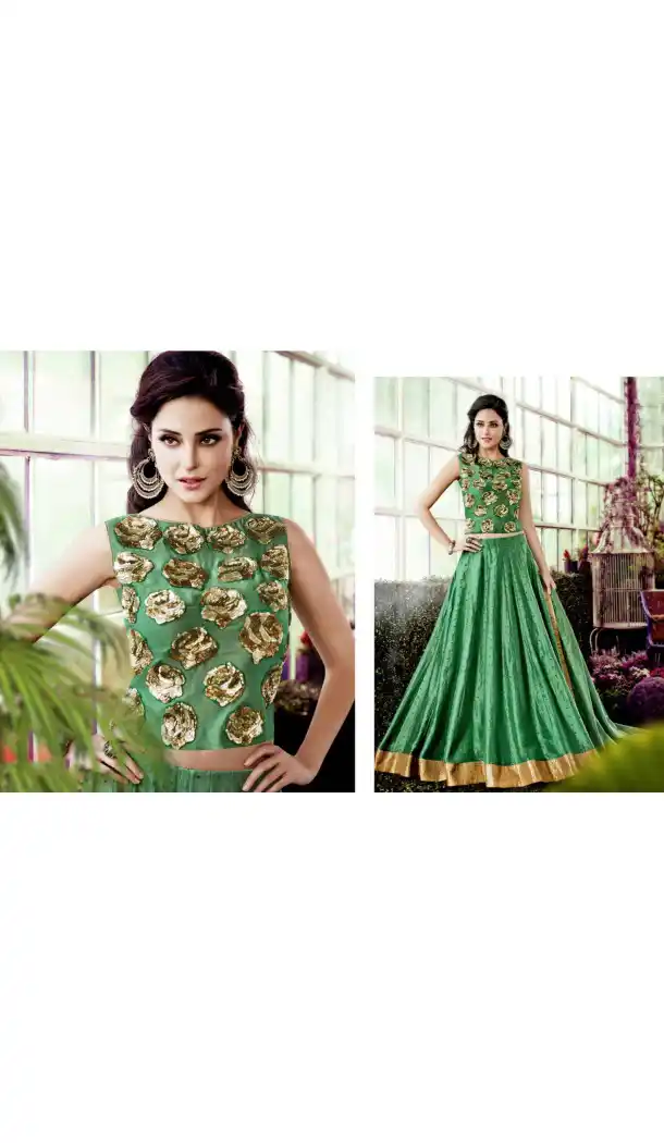 Emerald Color Chanderi Silk Circular Style Party Wear Lehenga Choli | FH548382142