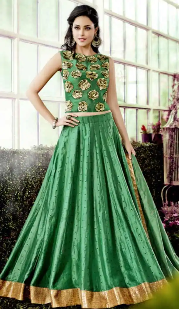 Emerald Color Chanderi Silk Circular Style Party Wear Lehenga Choli | FH548382142