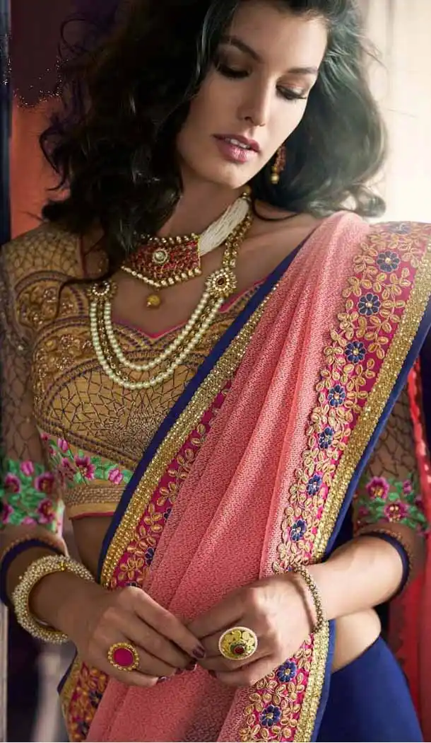 Salmon Color Georgette Designer Wear Style Saris Blouse | FH548982216