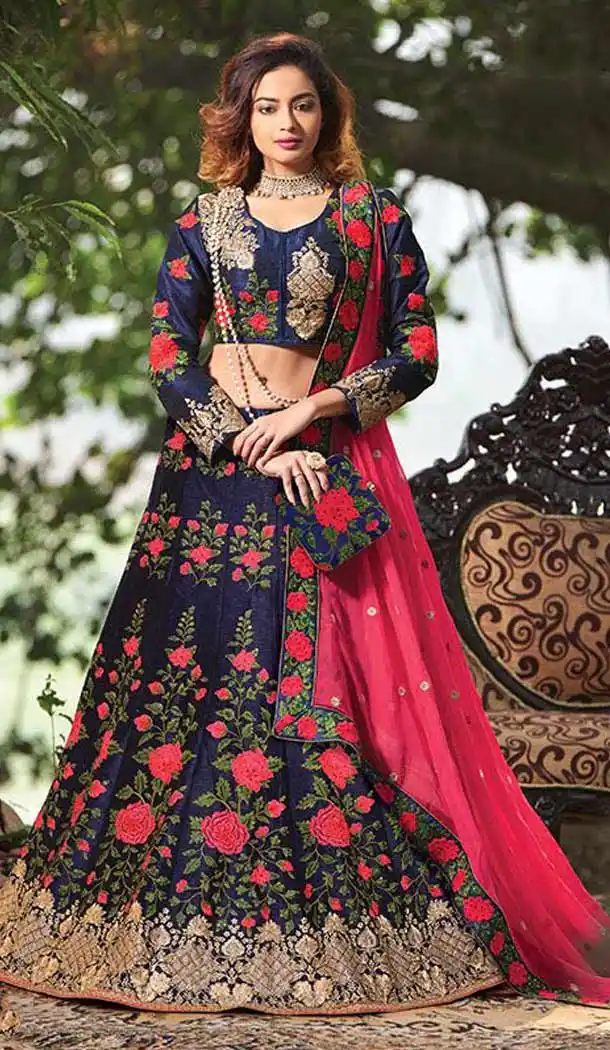 Navy Blue Color Raw Silk Circular Style Bridal Lehenga Choli | FH549182231