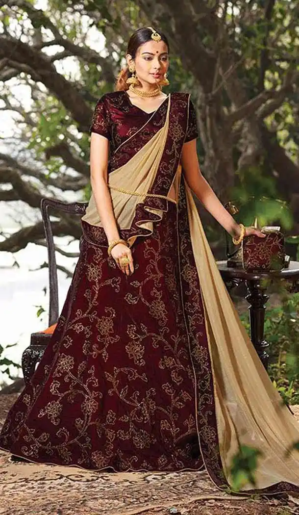 Maroon Color Velvet Circular Style Bridal Lehenga Choli | FH549182232