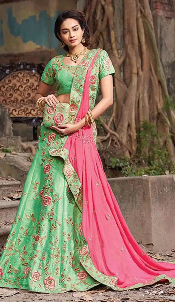 Parrot Green Color Raw Silk Circular Style Bridal Lehenga Choli | FH549182233