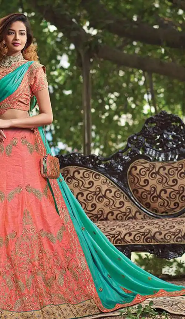 Salmon Color Raw Silk Circular Style Bridal Lehenga Choli | FH549182234