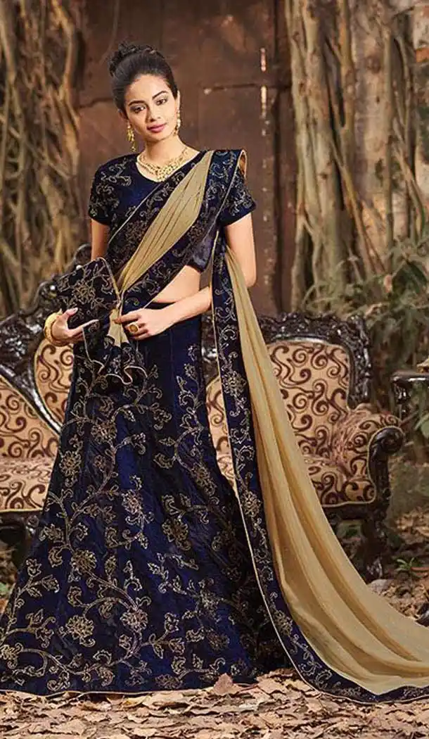 Blue Color Velvet Circular Style Bridal Lehenga Choli | FH549182235