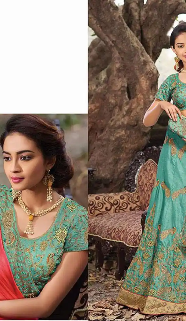 Turquoise Color Raw Silk Circular Style Bridal Lehenga Choli | FH549182236
