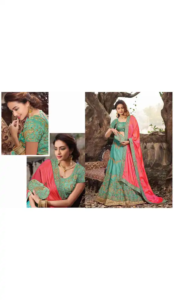 Turquoise Color Raw Silk Circular Style Bridal Lehenga Choli | FH549182236