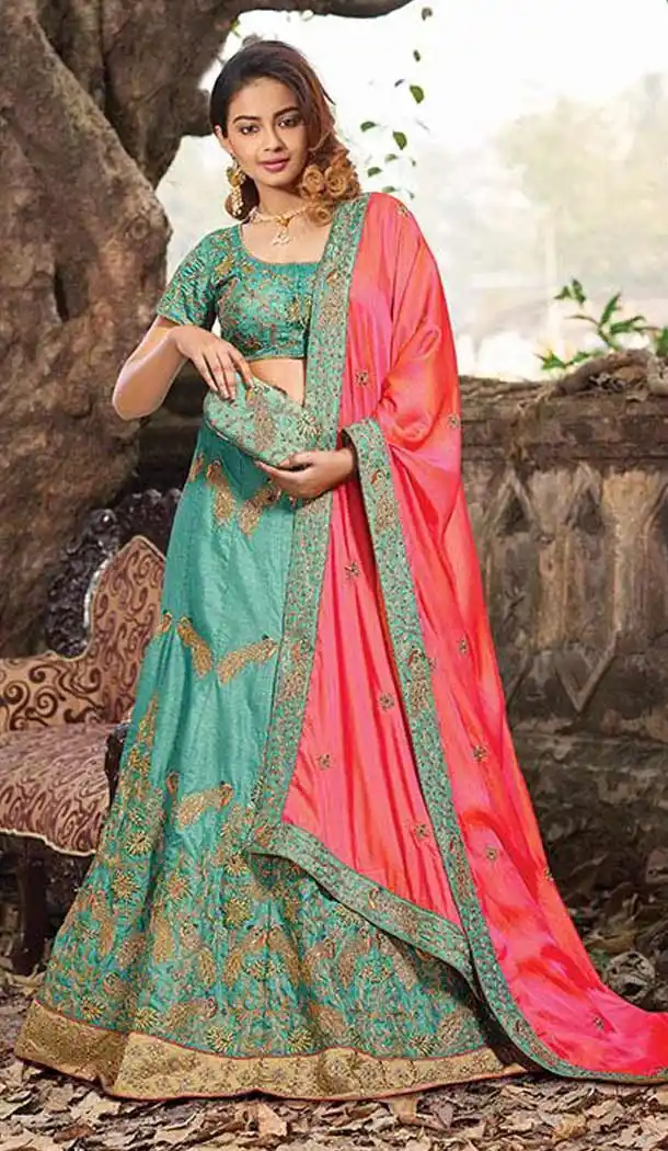 Turquoise Color Raw Silk Circular Style Bridal Lehenga Choli | FH549182236