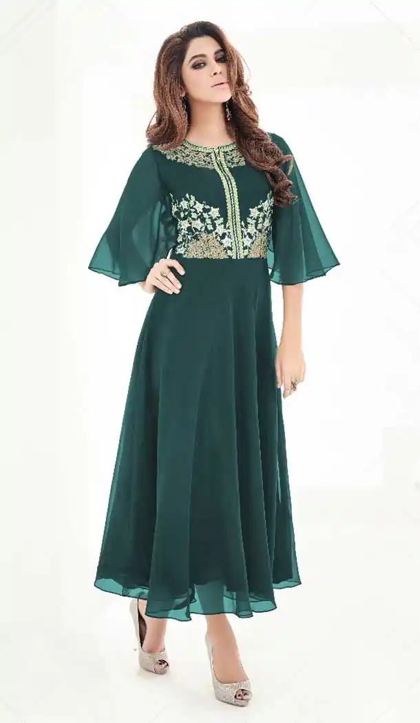 Bottle Green Georgette A-line Style Party Wear Readymade Kurtis | FH549982320