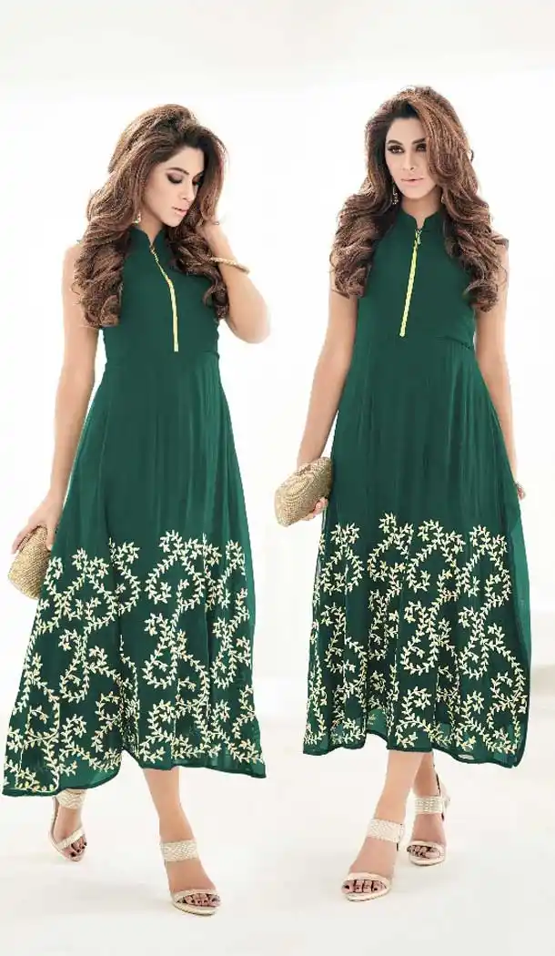 Green Georgette Straight Style Party Wear Readymade Kurtis | FH549982321