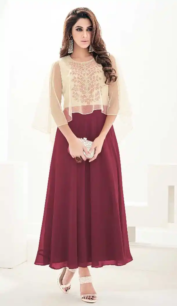Brick Red Georgette Anarkali Style Party Wear Readymade Kurtis | FH549982325