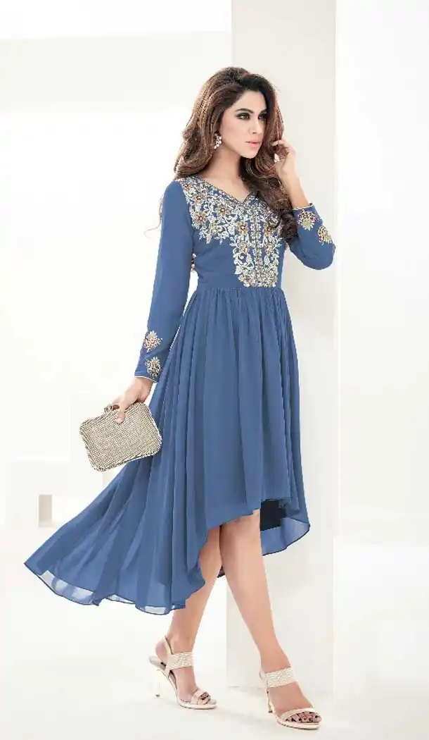 Steel Blue Georgette Anarkali Style Party Wear Readymade Kurtis | FH549982326