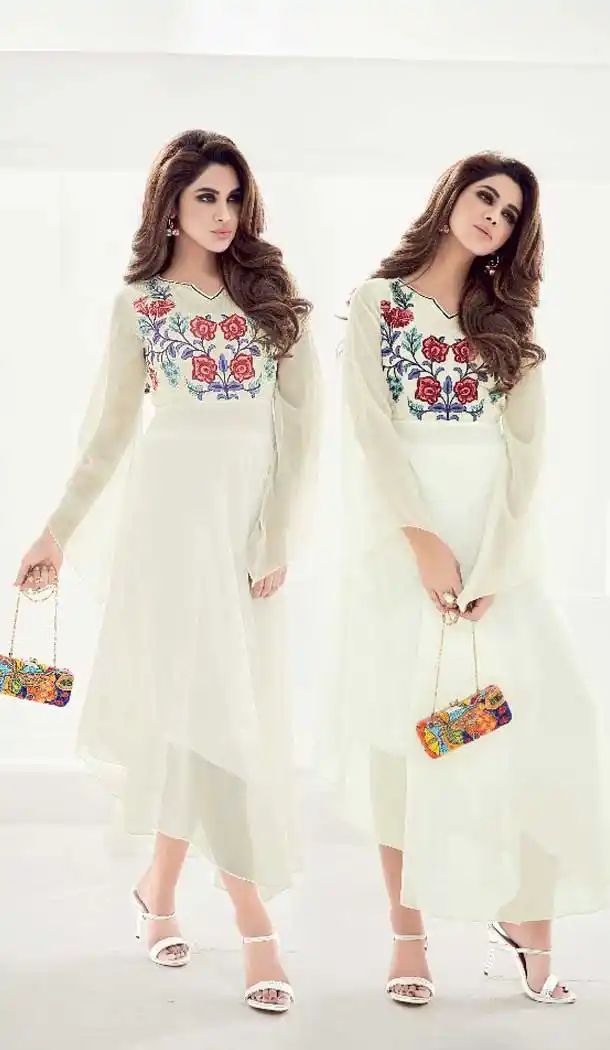 Off White Georgette Anarkali Style Party Wear Readymade Kurtis | FH549982327