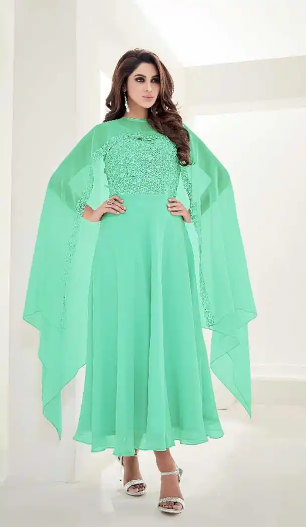 Turquoise Georgette Anarkali Style Party Wear Readymade Kurtis | FH549982328