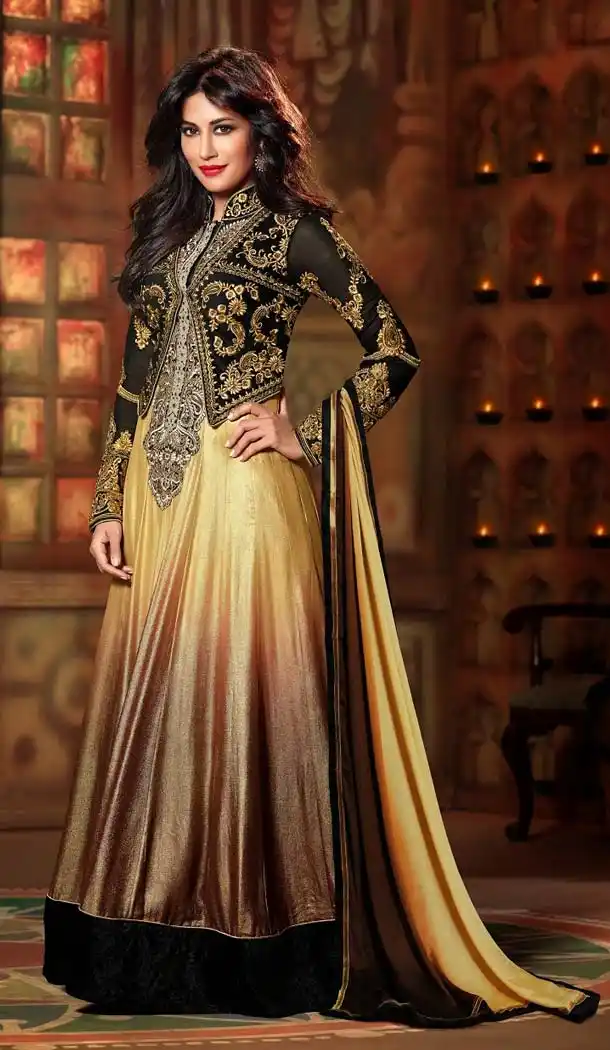 Beige and Brown Faux Georgette Shimmer Abaya Style Churidar Kameez
